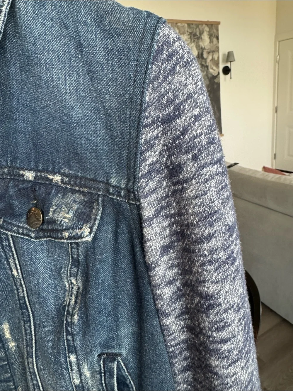 Vintage Free People Denim Hooded Jacket with Blue Knit Sleeves - Picture 5 of 5